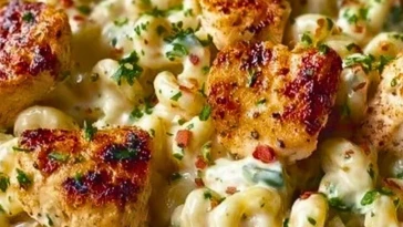 Bouchées de poulet à l'ail et pâtes Alfredo crémeuses aux épinards et artichauts cajuns