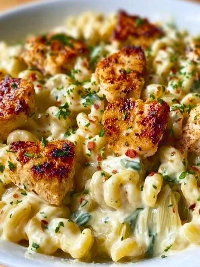 Bouchées de poulet à l'ail et pâtes Alfredo crémeuses aux épinards et artichauts cajuns