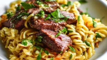 Nouilles éclairs au steak au beurre à l'ail