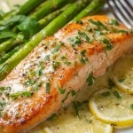 Saumon cuit au four dans du papier d'aluminium avec des asperges et une sauce au beurre à l'ail et au citron