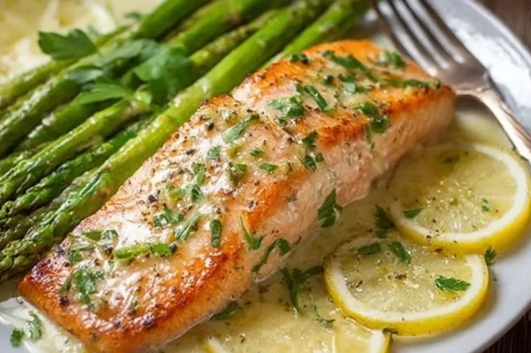 Saumon cuit au four dans du papier d'aluminium avec des asperges et une sauce au beurre à l'ail et au citron