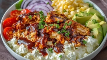 Bol De Poulet Barbecue Riche En Protéines Avec Fromage Cottage