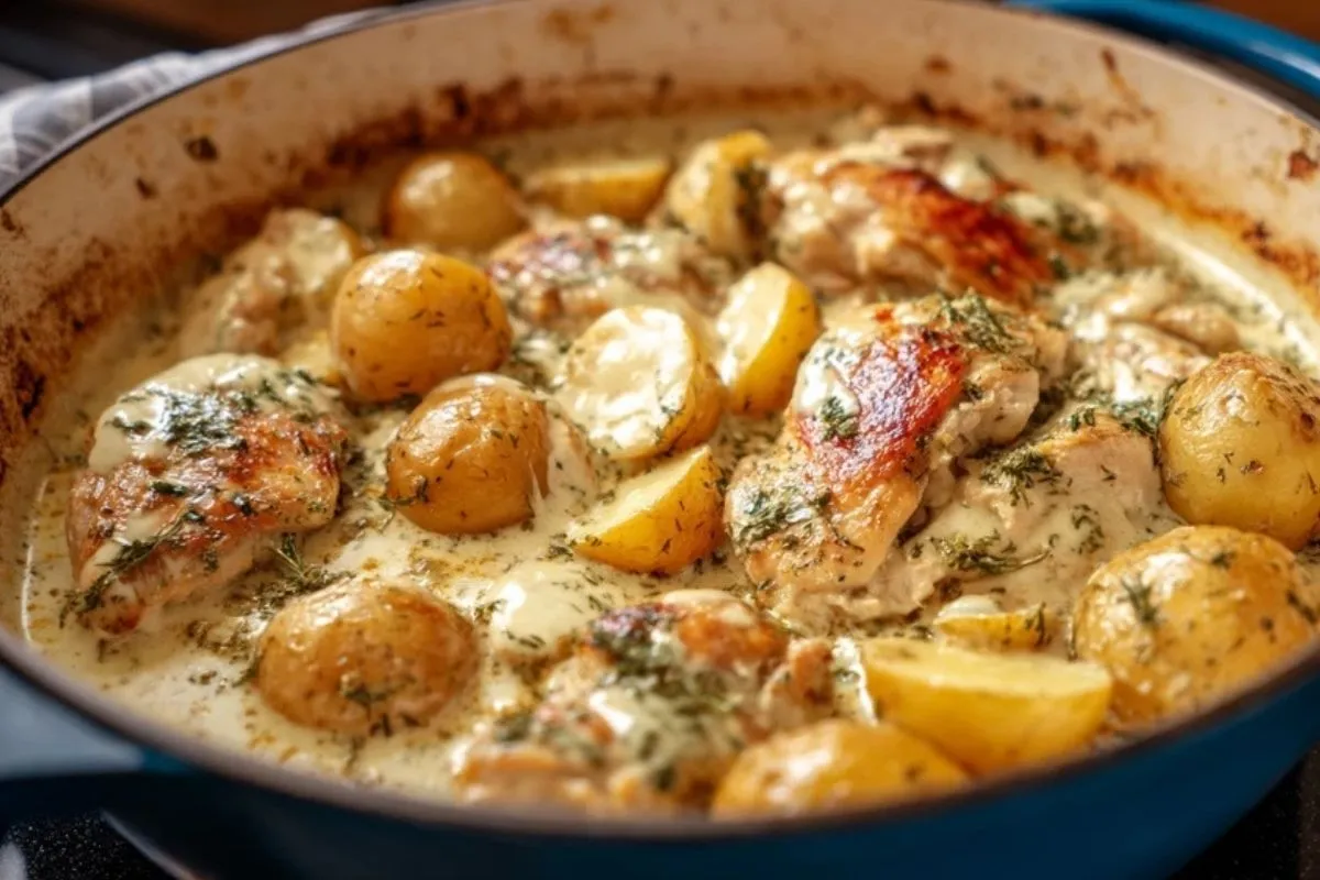 Poulet Crémeux Roti À La Casserole Avec Pommes De Terre