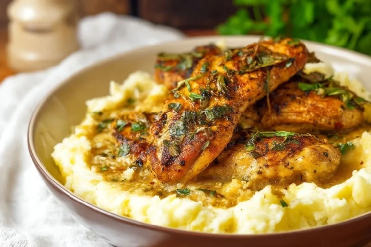 Poulet Sauté Aux Herbes Et Ail Avec Purée De Pommes De Terre